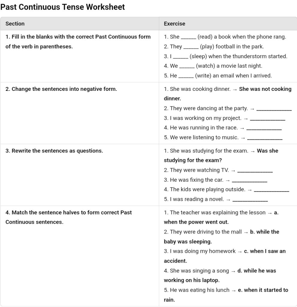 Past continuous tense worksheet